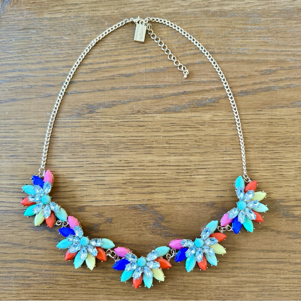 Simple Addiction Statement Flower Necklace Gold Blue Pink Clear Rhinestones